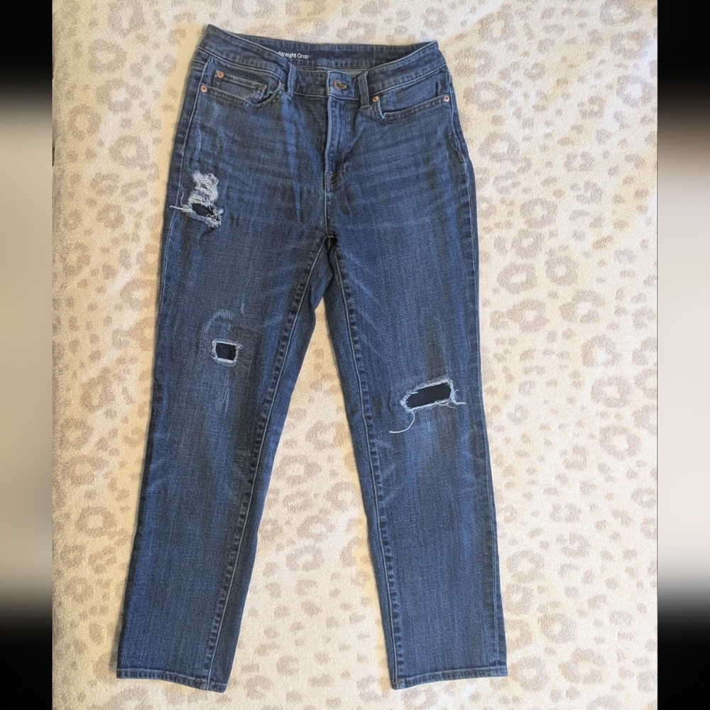 Talbots High Rise Straight Crop Jeans Patch Skinny Leg Dark Blue Size 4